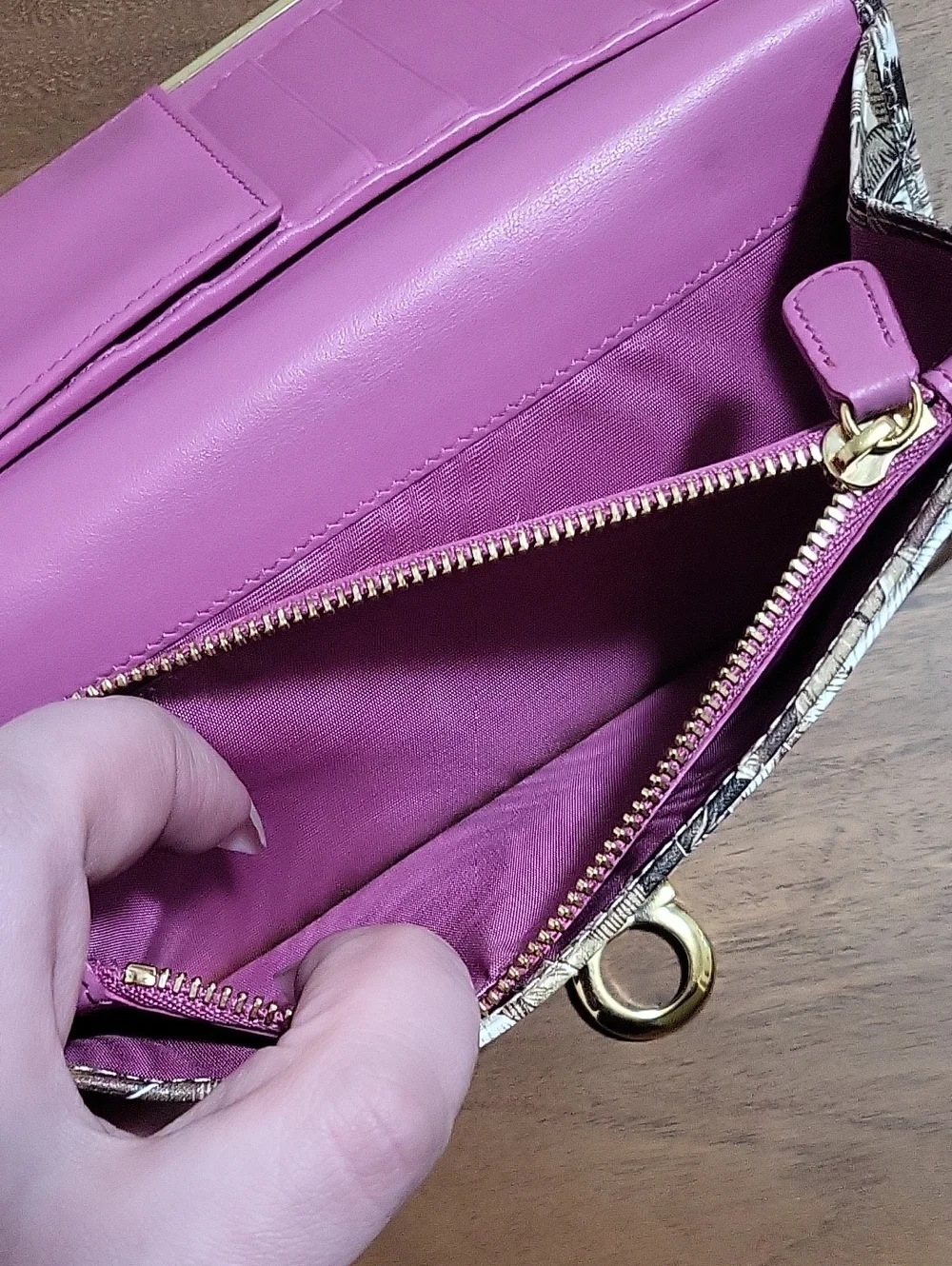 Salvatore Ferragamo Feather Print Leather Wallet in Brown, Pink & Cream - Picture 14 of 16